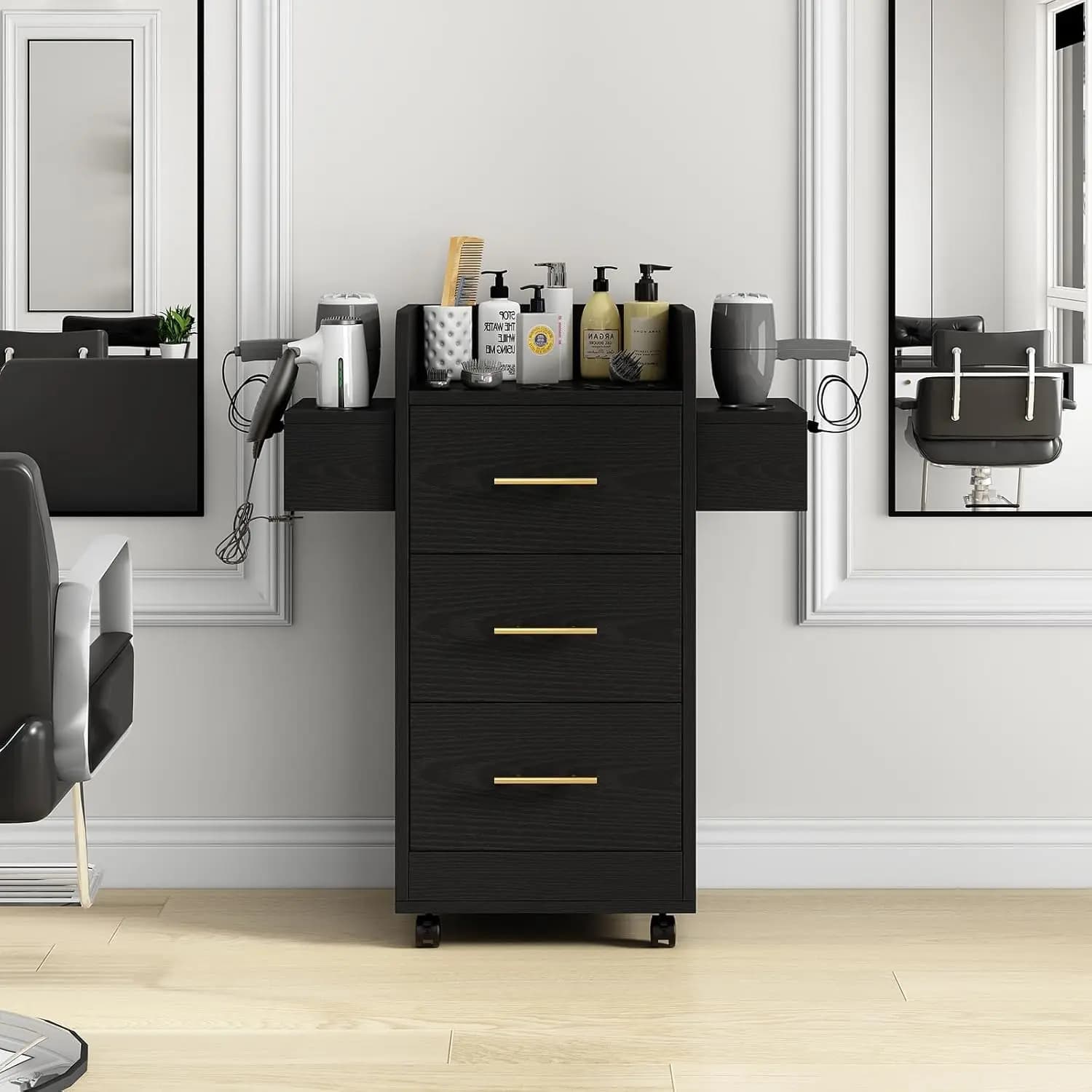 Carrello da Salone con Ruote, Postazione per Parrucchiere con 6 Supporti per Asciugacapelli e 3 Cassetti, Personalizzabile