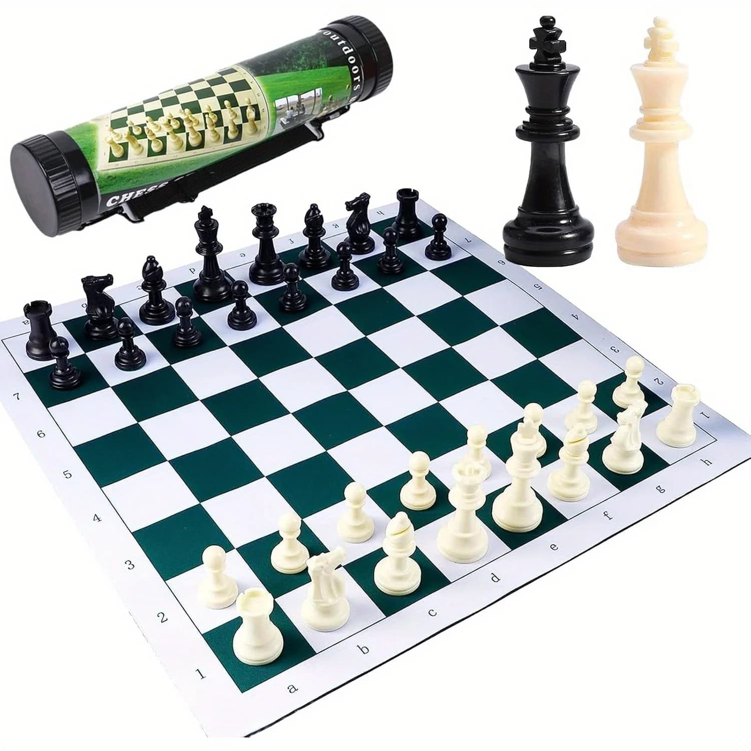 Portable Chess Set, Regulation Tournament Roll-Up Staunton Chess Set with Plastic Tube Roll, 2 in 1 Travel Board Games (34cm)