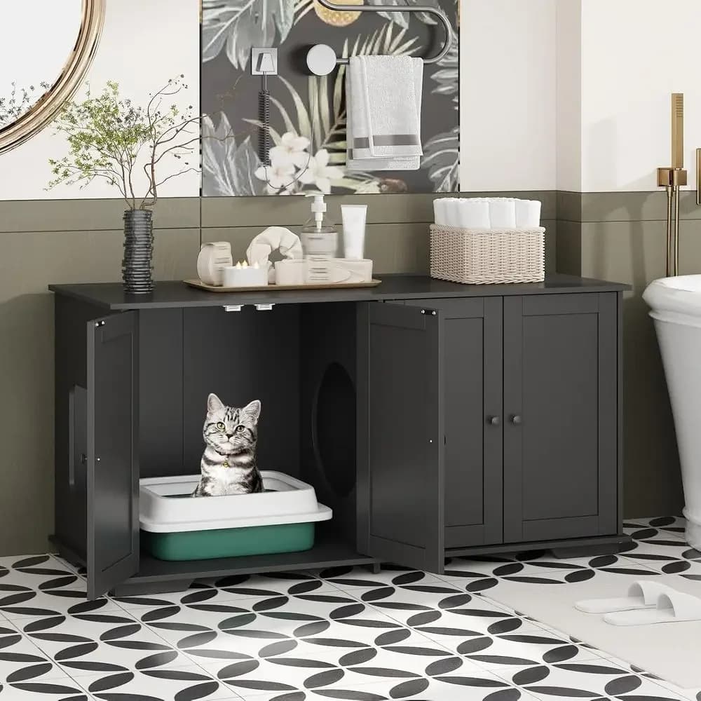 Large Decorative Cat Litter Box Enclosure with Magnetic Door and Raised Bottom for 2 Cats, Black
