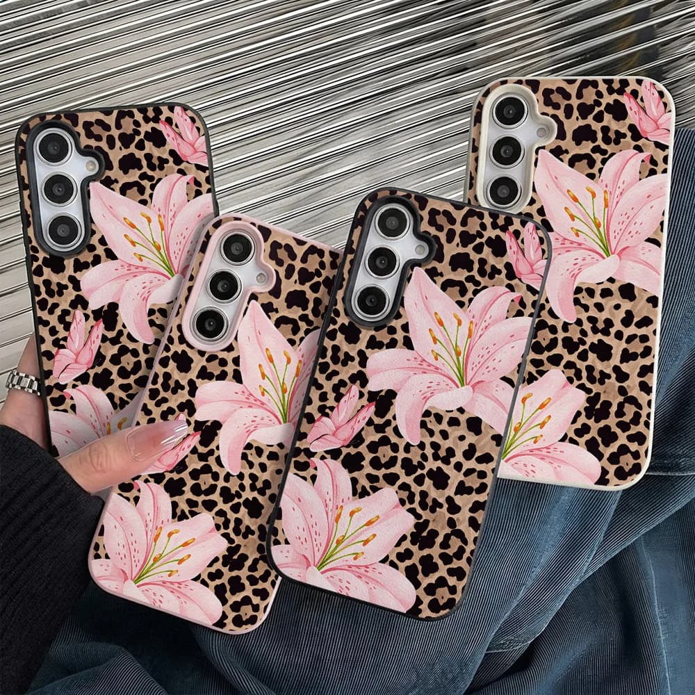 Phone Case for Samsung Galaxy S26 S25 S23 Ultra S24 FE A57 A56 A55 A54 A53 5G A07 A06 A15 4G Cases Leopard Print Pink Lily Funda