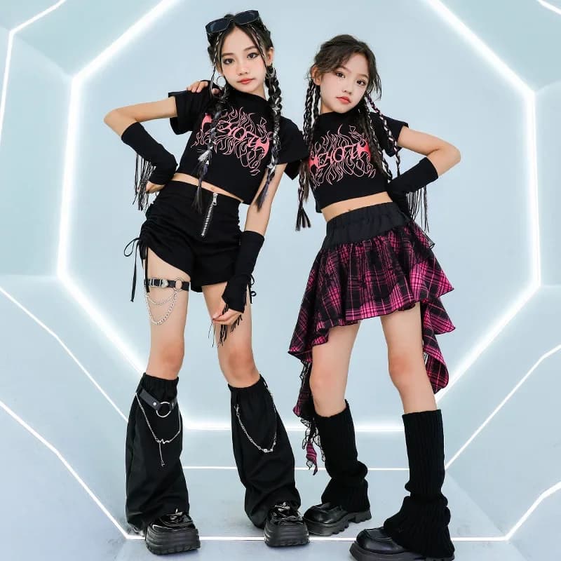 Costume da Ballo Jazz Kpop per Ragazze alla Moda Top Nero con Frange Pantaloncini Hip Hop Gonna Outfit Abbigliamento Cool per Performance Concerti e Spettacoli