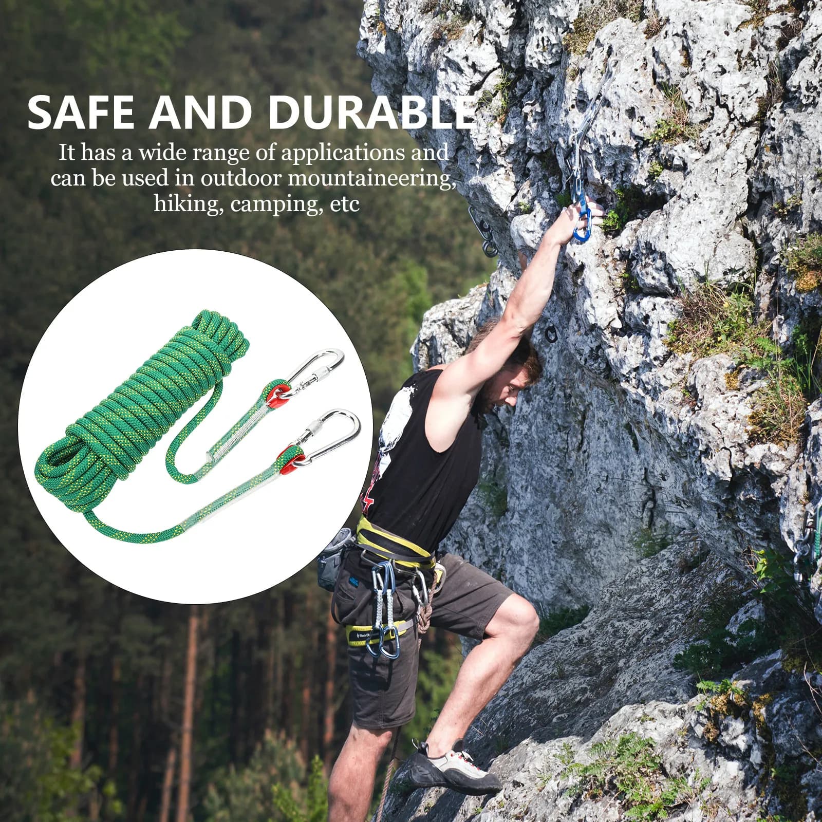 High Strength Polyester Climbing Corda with Exercise Buckle, Gym, Hiking, Climbing on Trees, Multifunction