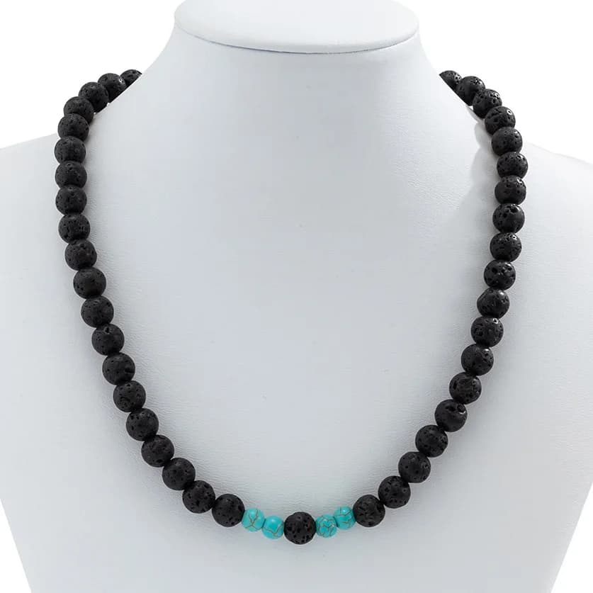 Collana da uomo in pietra lavica nera naturale da 8 mm, collana da surfista con corda elastica corta e perline per uomo.