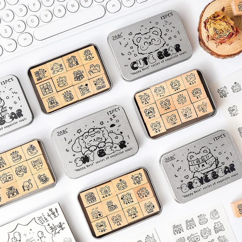 12pcs Cartoon pattern Vintage Week Wooden Rubber Stamp Scrapbooking Deco DIY Craft Standard Wooden Stamps Set Planner Stationery