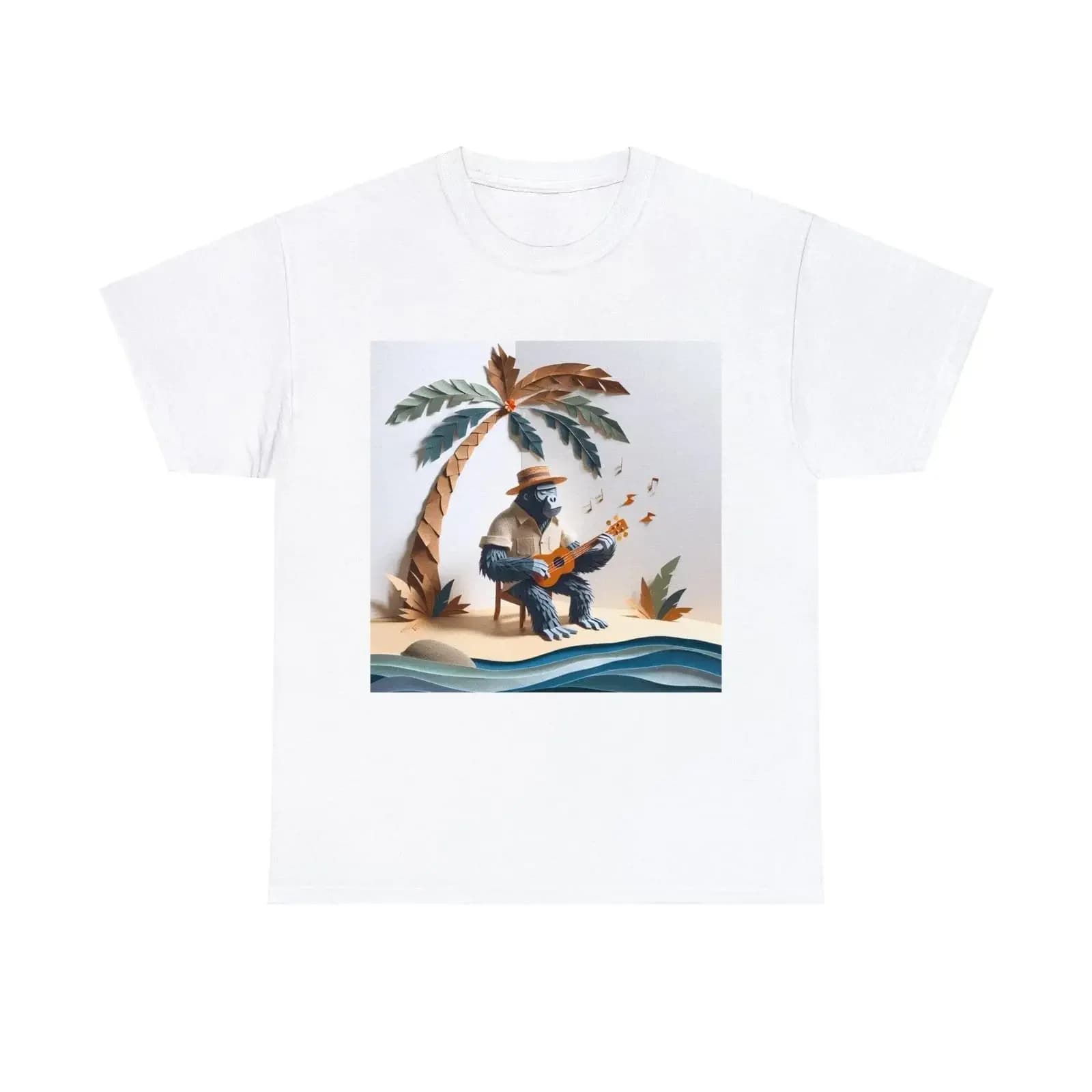T-shirt per adulti Gorilla Strumming Ukulele Island Paper Art Chill Vibes vintage lavato, comodo streetwear unisex, morbido ed elegante