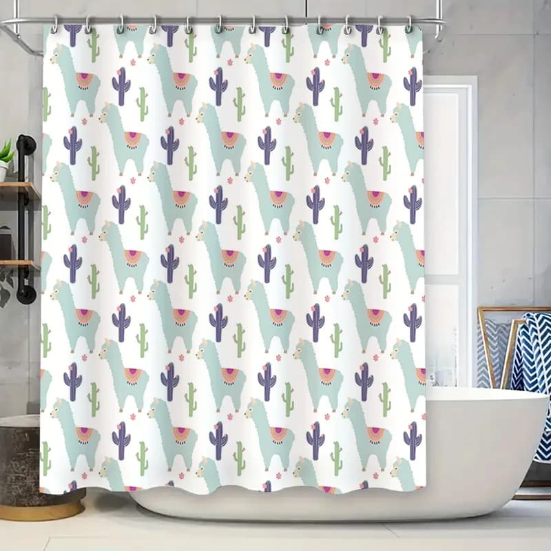 Tenda da doccia moderna per bagno con simpatico cactus, stampa lama, tessuto bianco impermeabile per decorazioni da bagno, varie dimensioni disponibili