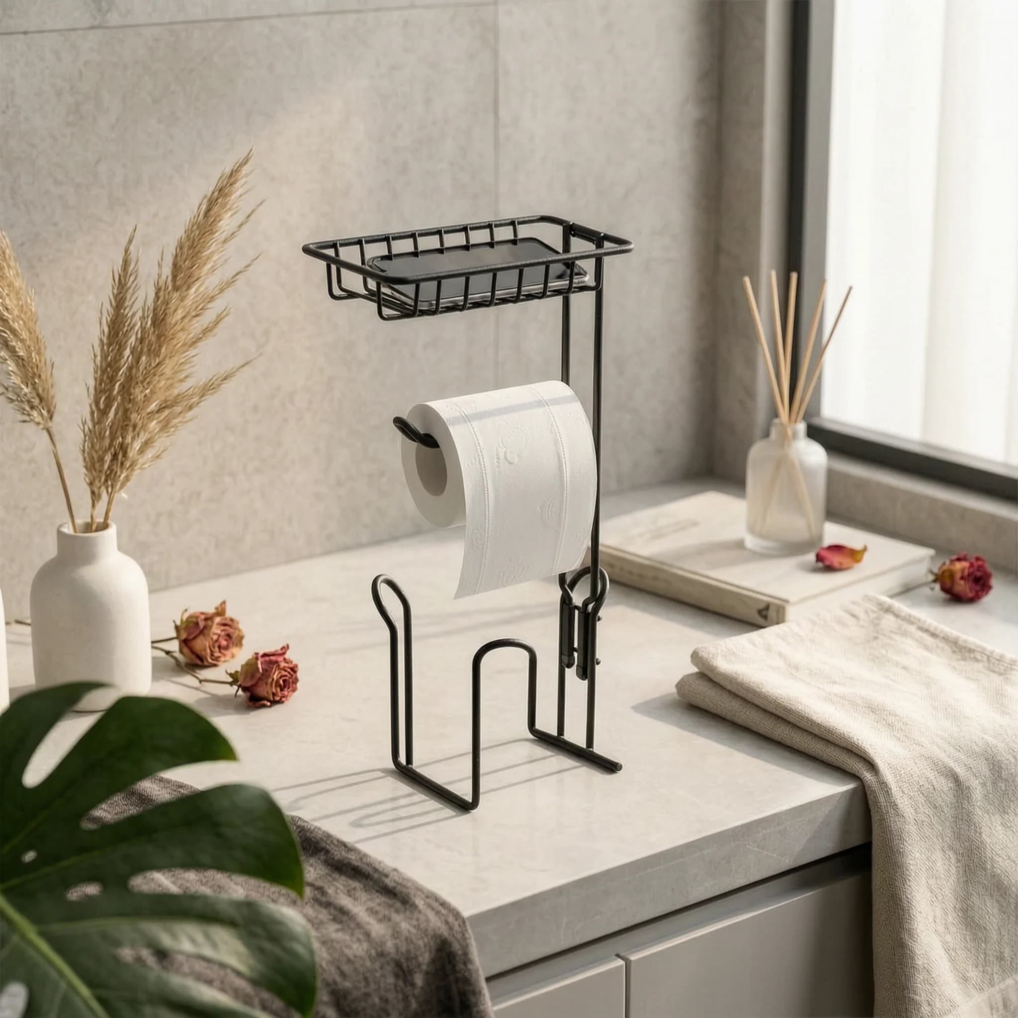 Toilet Paper Holder with Shelf Sturdy Metal Construction Freestanding Toilet Paper Stand for Restroom, Powder Room