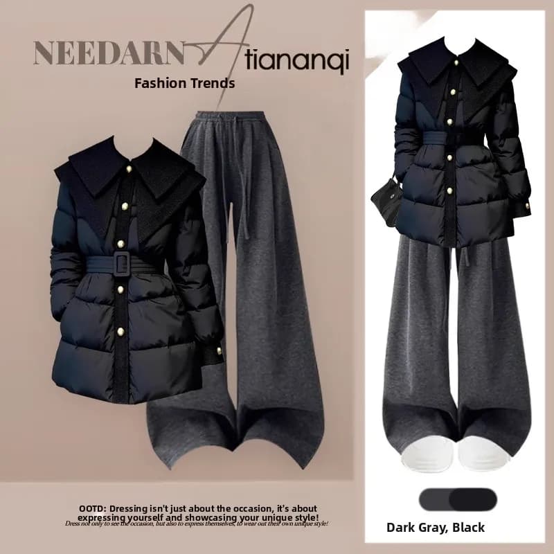 Autumnal Cotton Jacket And Pants Set Casual Collared Two-Piece Ensemble Age-Defying Lazy Style Versatile Slimming Leisurewear