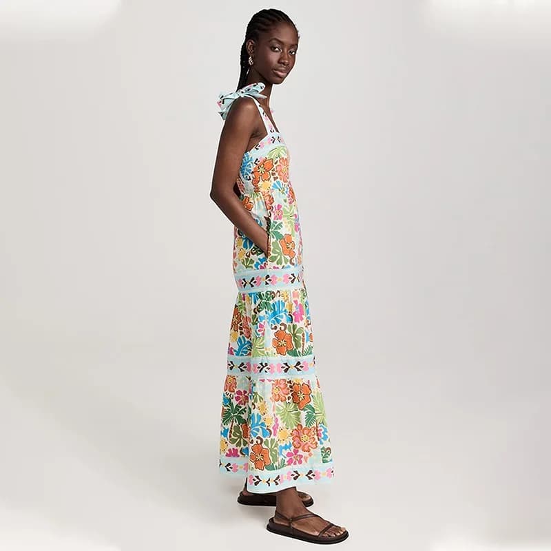 Summer New Sleeveless Collarless High-waisted Plant-printed Women's Large Pendulum Suspender Dress