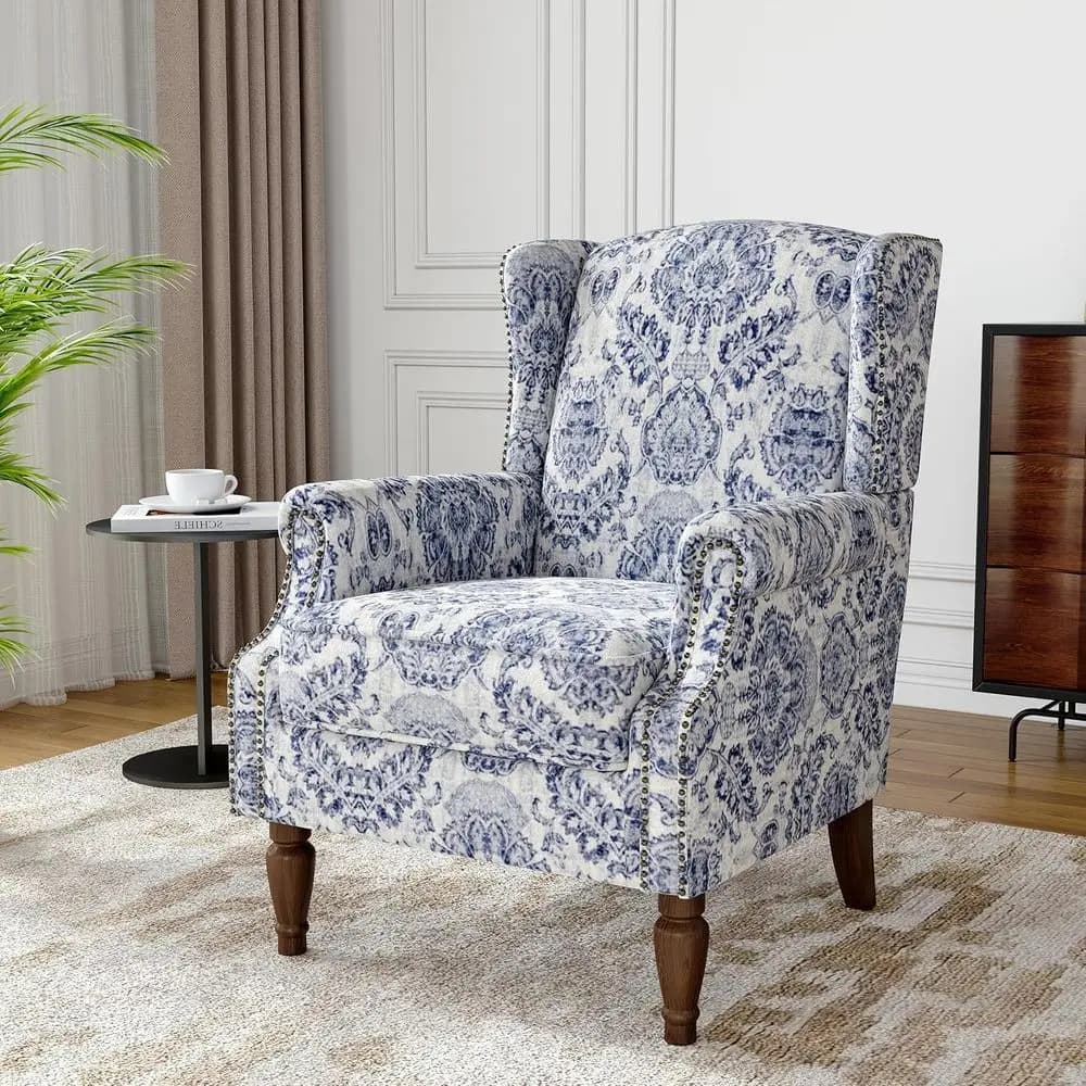 Poltrona Imbottita Stile Wingback Blu Navy con Gambe in Legno: Schienale Alto, Tessuto Stampato, Ideale per Soggiorno o Camera da Letto