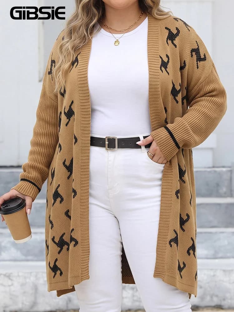 GIBSIE Plus Size Side Slit Jacquard Knitted Long Cardigan Women's Autumn and Winter Long Sleeve Loose Sweater Jacket 2026 New
