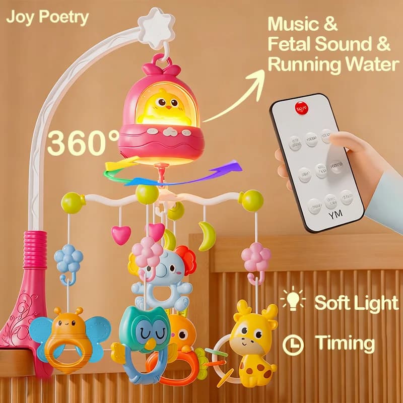 360 ° Uccello musicale telecomando culla mobile rotante luce morbida letto campana giocattolo cronometraggio appeso neonato comodino regalo