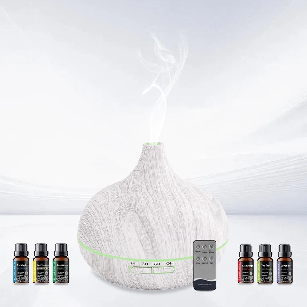 Diffusore Per La Casa Grano Di Legno Diffusore di Olio Essenziale 550ml Umidificatore Ad Ultrasuoni Telecomando 6 Bottiglie di Olio Spegnimento Automatico per