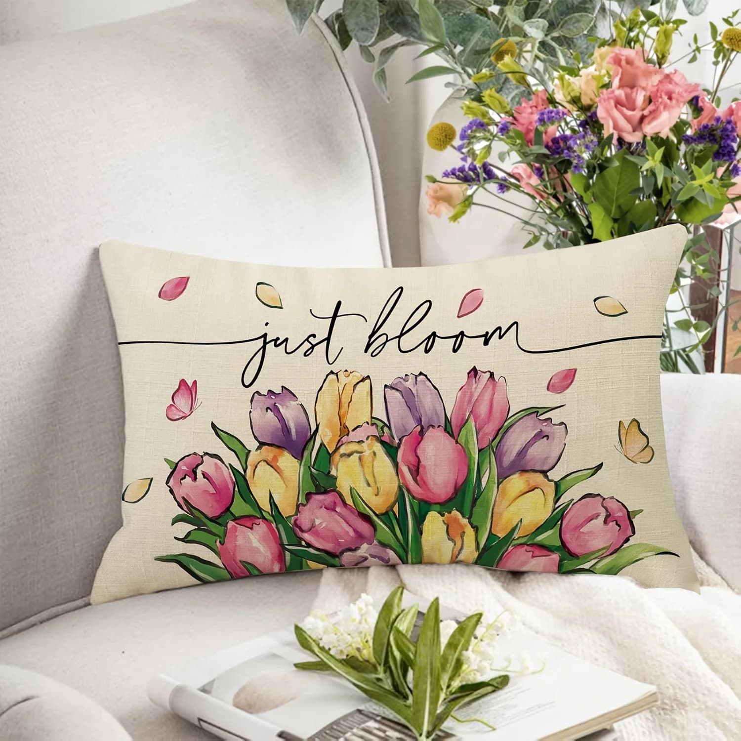 1 fodera per cuscino lombare con stampa tulipano Just Bloom, adatta per divano, camera da letto, soggiorno, studio, regalo curativo per gli amanti dei fiori