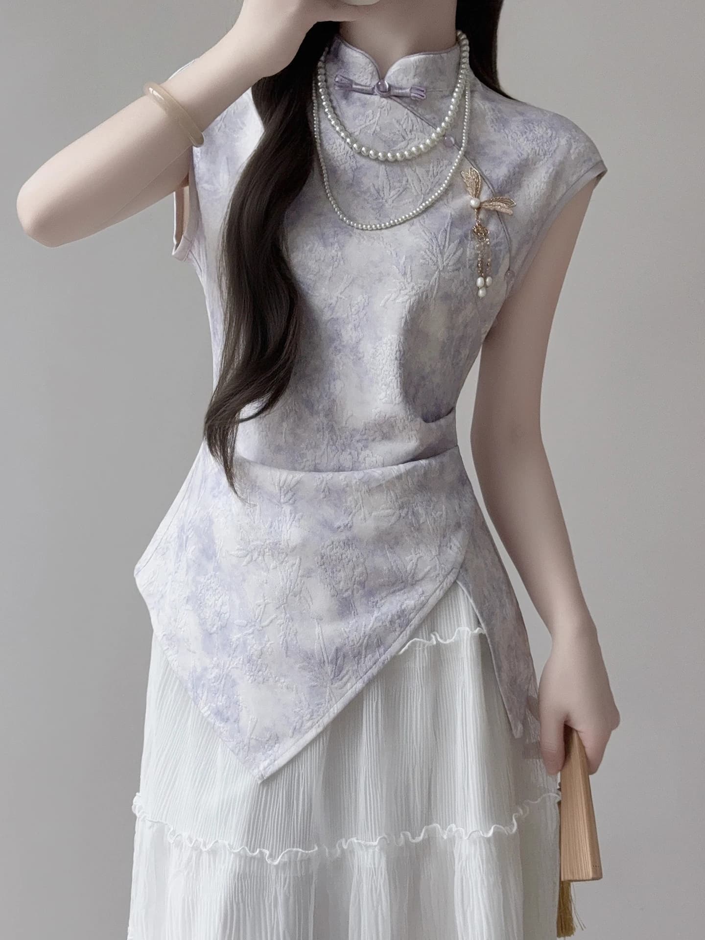 Ting Yue Ling Top da donna slim fit con tagli in vita, nuovo stile cinese, viola, gonna a media lunghezza, estivo