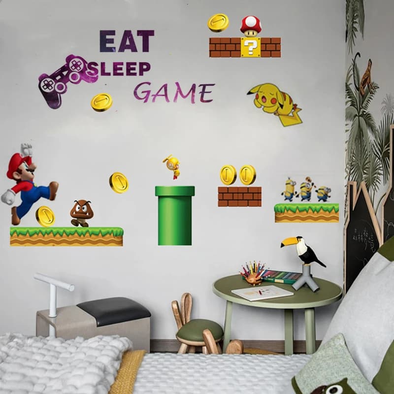 Hot Cartoon Gioco Decalcomanie da muro in vinile per la casa Camera dei bambini Decorazione della camera da letto del ragazzo Bambini Puzzle fai da te Poster da gioco Adesivi Regali