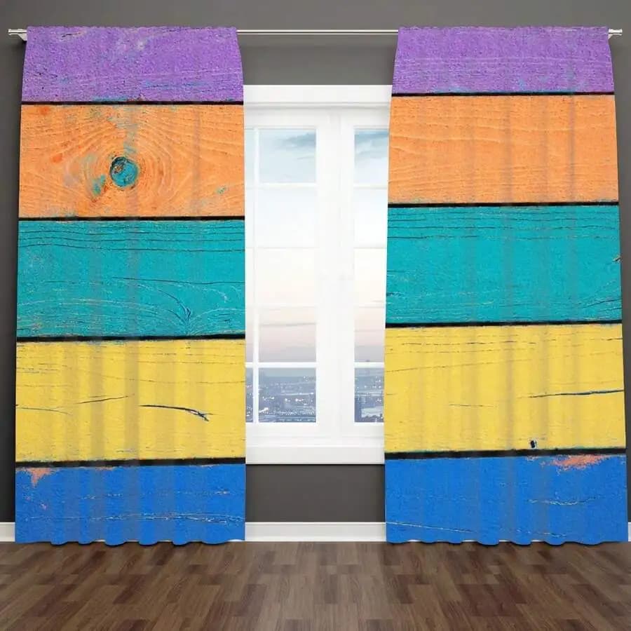 Rustic Wood Plank Curtains With Chipped Paint Texture Semi-Sheer Vertical Stripes Purple Peach Teal Yellow Blue Modern