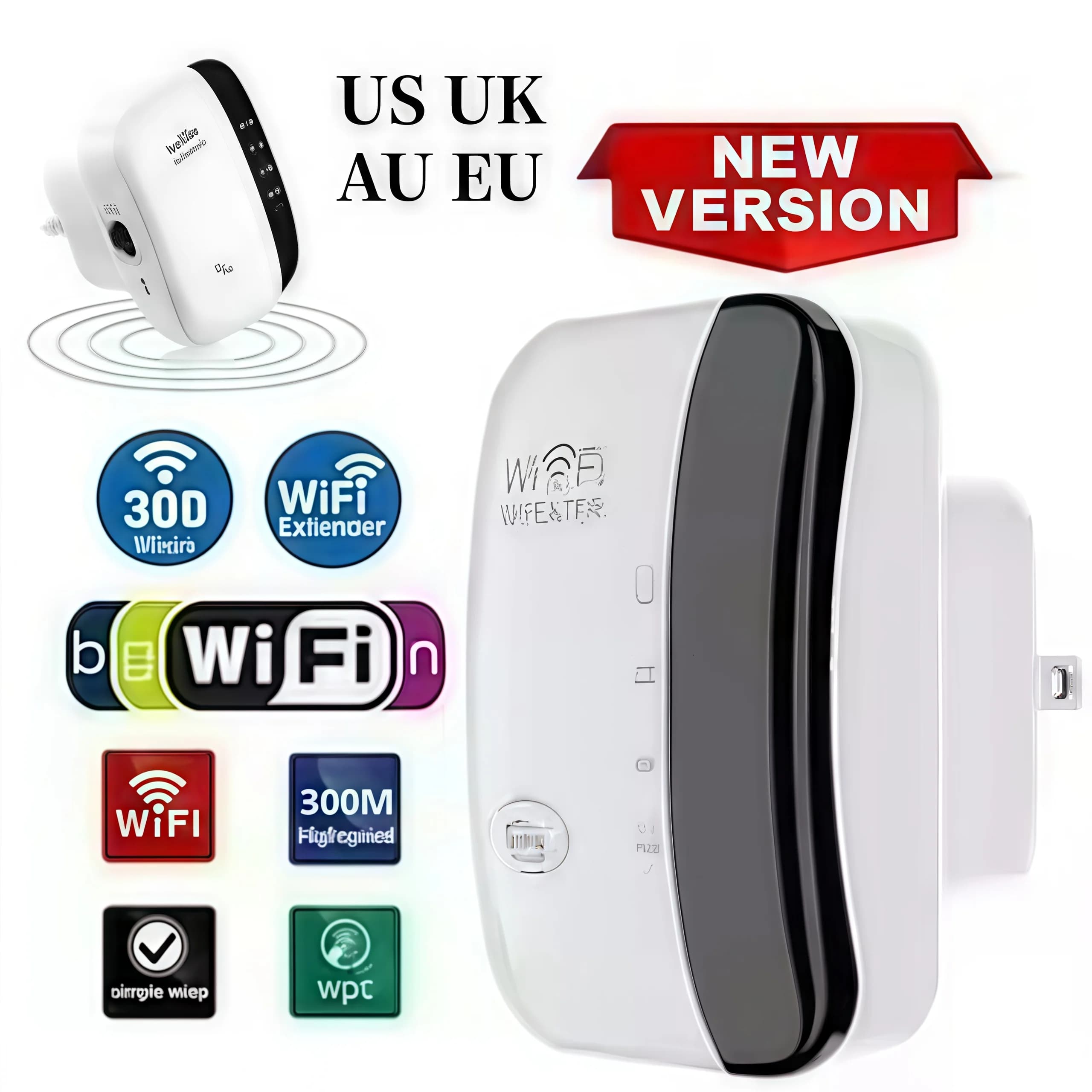 Extender WiFi 300Mbps - Amplificatore di segnale wireless, spina UE/USA, copertura a lungo raggio attraverso le pareti, potenziatore del router domestico per la camera da letto