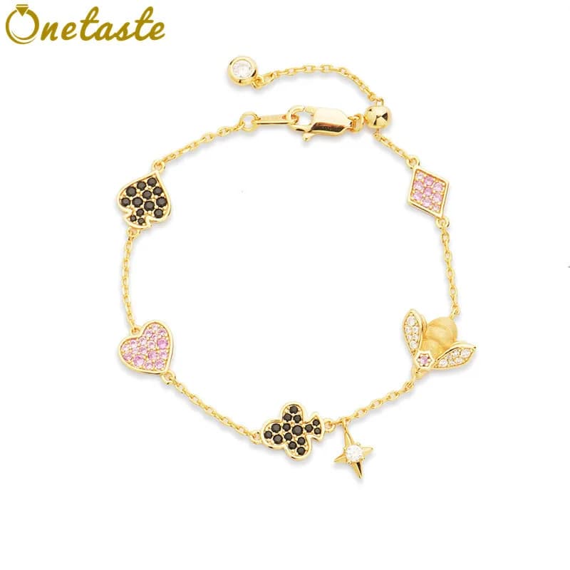 Braccialetti con ciondoli da poker con api in argento 925 placcato oro con zirconi cubici Bracciale con catena a maglie regolabile da 18 cm alla moda unica