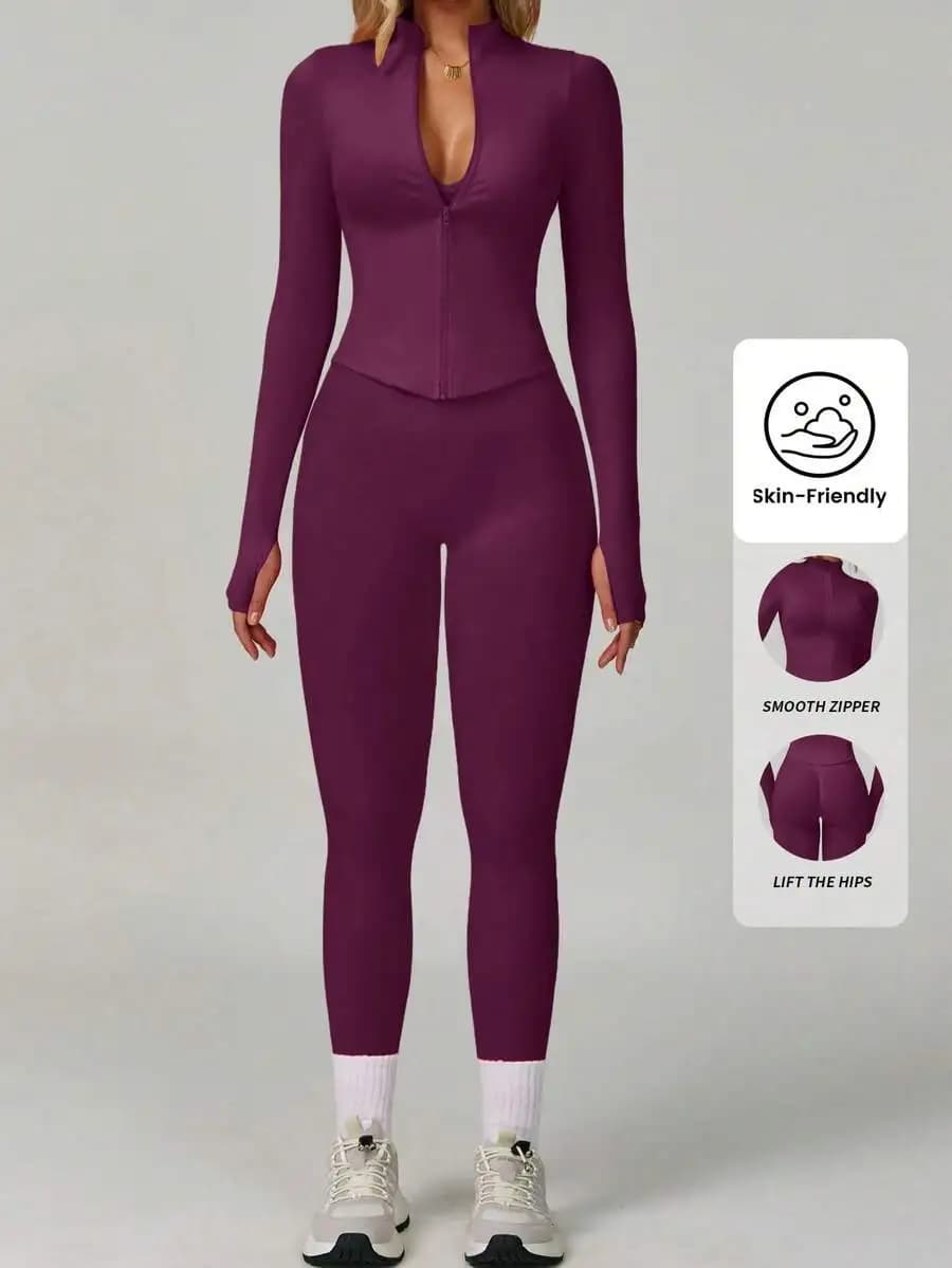 Set fitness da donna con zip e leggings modellanti per palestra e abbigliamento casual