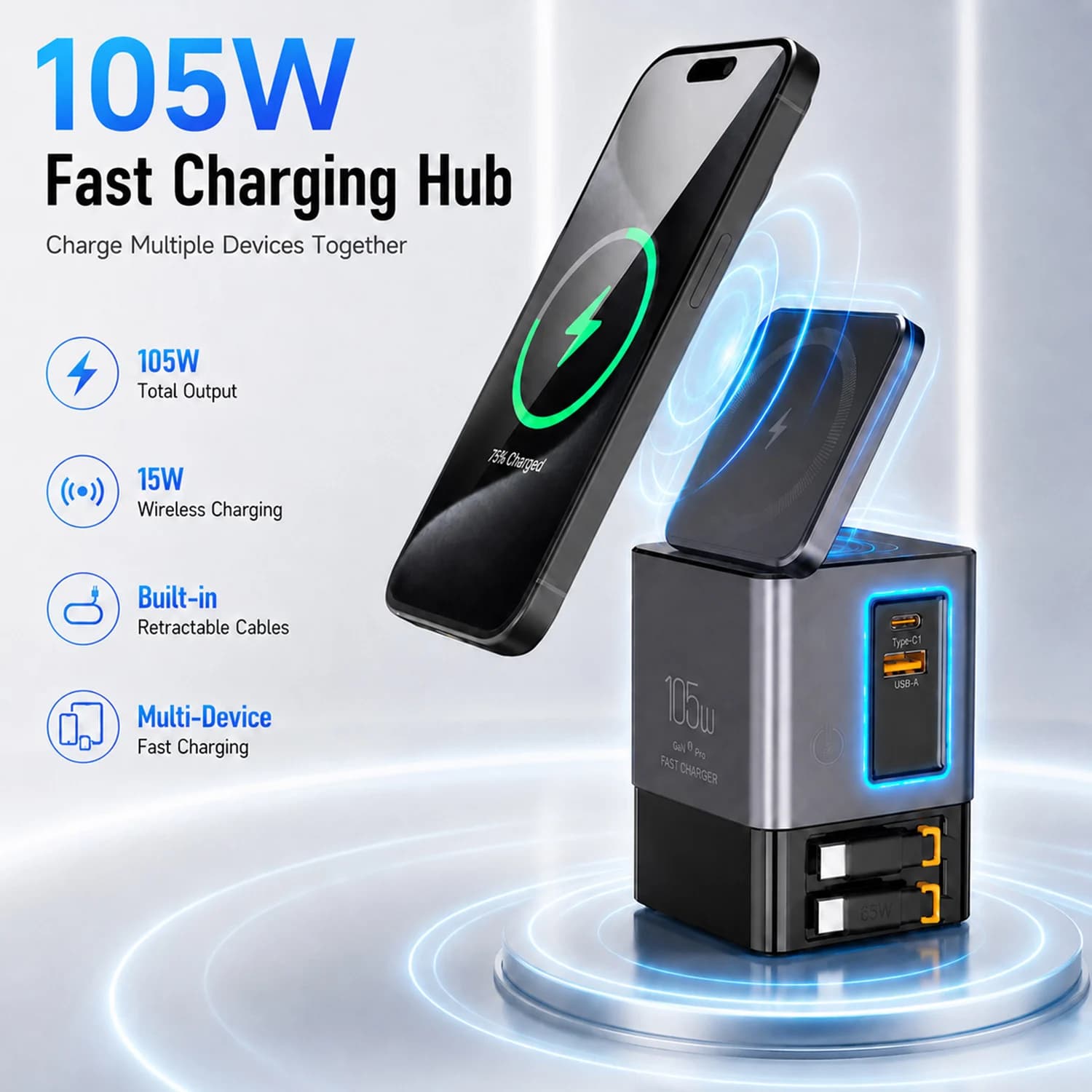 Stazione di Ricarica Wireless Magnetica 105W GaN con Cavi USB-C Retrattili, Dock di Ricarica Rapida per iPhone e Dispositivi Multipli