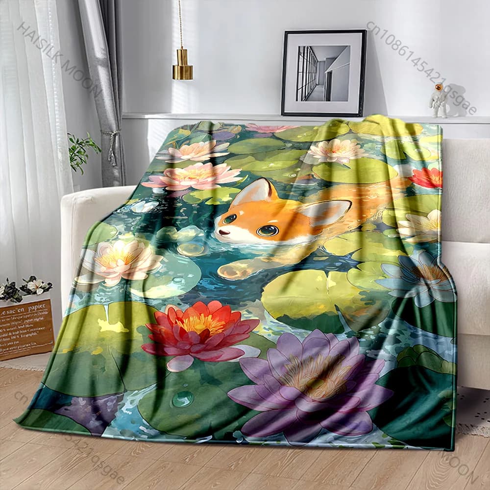 1PC Coperta calda con stampa Volpe che nuota tra i gigli, per adulti e bambini, per casa, viaggi, auto, morbida e confortevole, adatta a tutte le stagioni