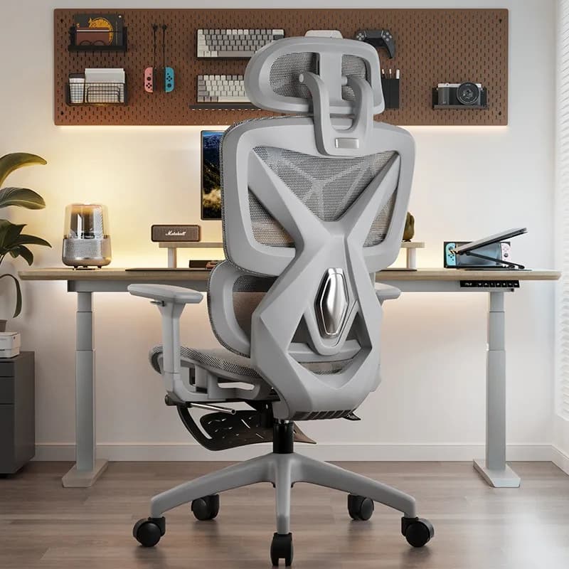 Sedia da Ufficio Ergonomica per Gaming con Supporto Lombare in Rete, Poggiatesta Reclinabile, Braccioli Regolabili, Girevole, per Casa e Ufficio, Nero e Grigio