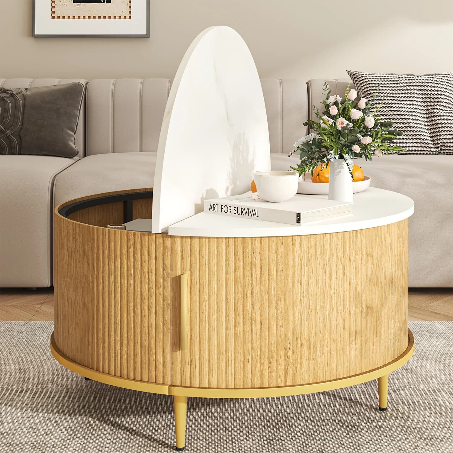 Tavolino da Caffè Rotondo con Piano Scorrevole e Vano Portaoggetti - Piano in MDF Scanalato e Gambe in Pino, Naturale/Nero/Noce