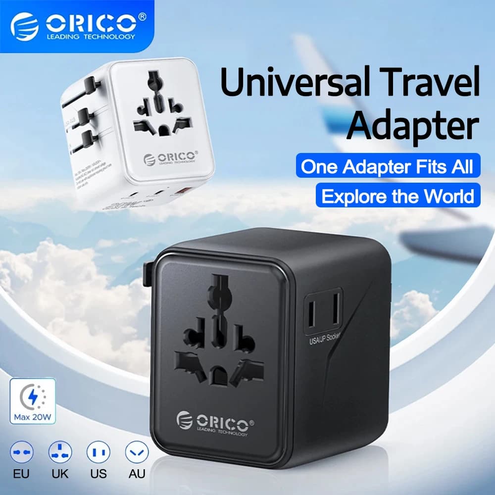 ORICO Adattatore da Viaggio Universale 15-20W GaN con Ricarica Rapida, Caricatore Universale Tutto-in-Uno per Prese Elettriche US EU UK AU