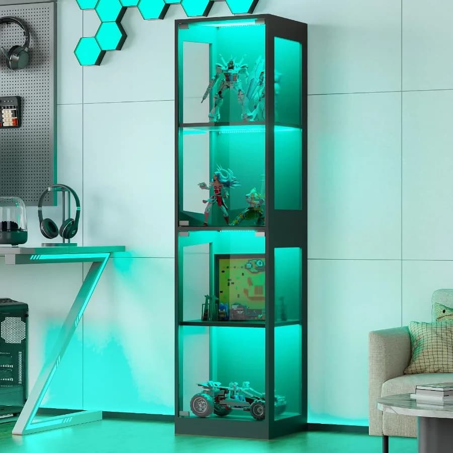 Display Cabinet with Glass Doors, 4-Tier Display Case with RGB Lights, Glass Toy Display Cabinet for Collectible, Curio Cabinet