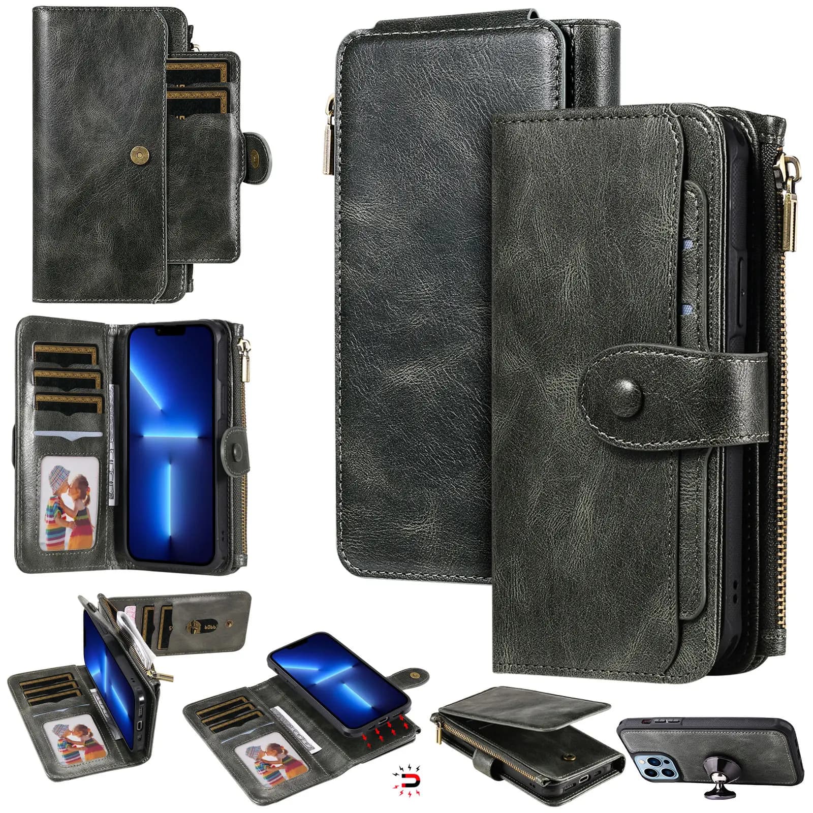 2 in 1 Detachable Magnetic Wallet Case for iPhone 15 14 13 12 11 Pro Max Wallet with Card Holder,Zipper,Pouch Pocket Flip Cover