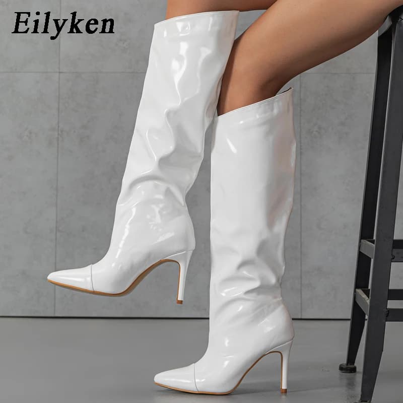 Eilyken Women's High Knee Boots Patent Leather Thin Heels Stiletto Heels Disco Short Shoe Botas Mujer