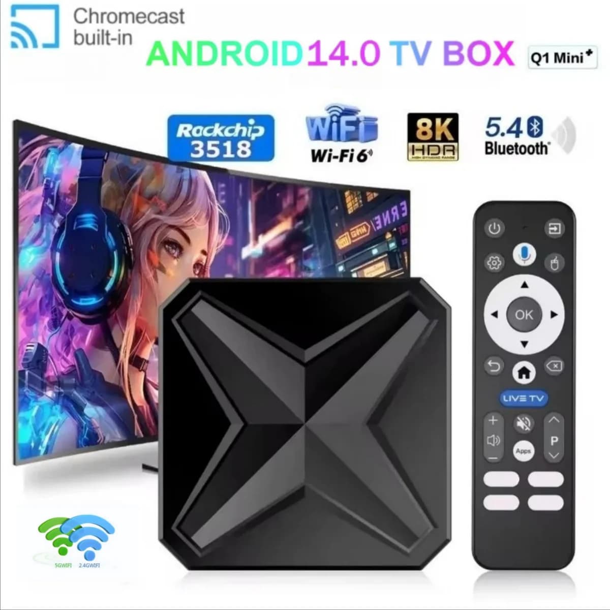2026 Q1MINI+ Smart TV Box Android14 WiFi 6 Dual UI Interface RK3518 2GB 16GB Voice Assistant HD 8K Media Player Set Top Box