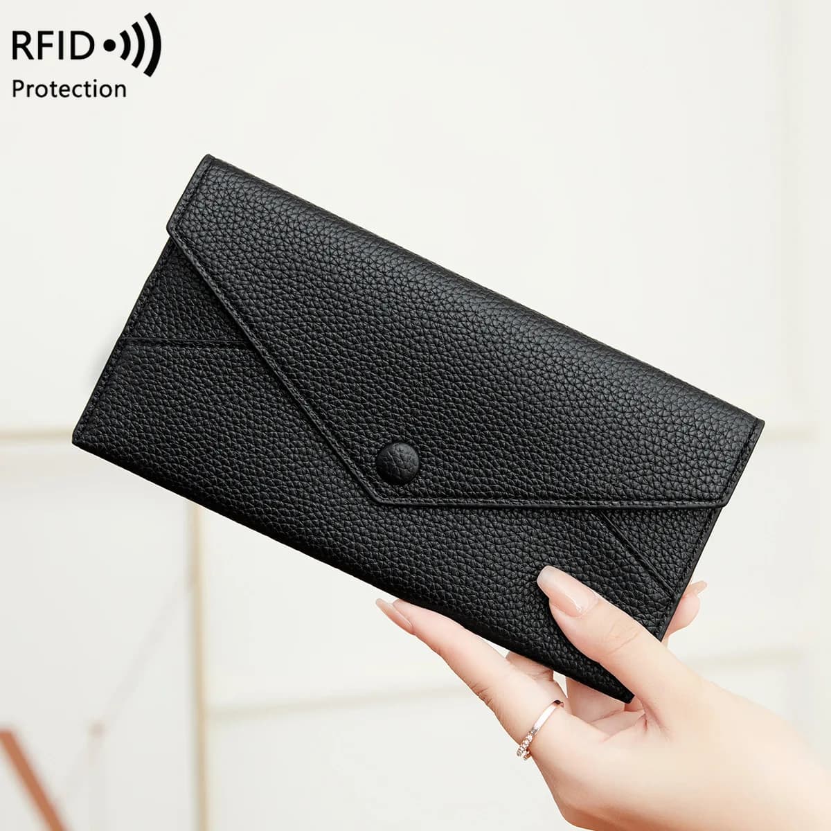 Nuovo portafoglio da donna con spazzola antifurto RFID, busta lunga con morbida pelle con motivo litchi, pochette ultrasottile e semplice