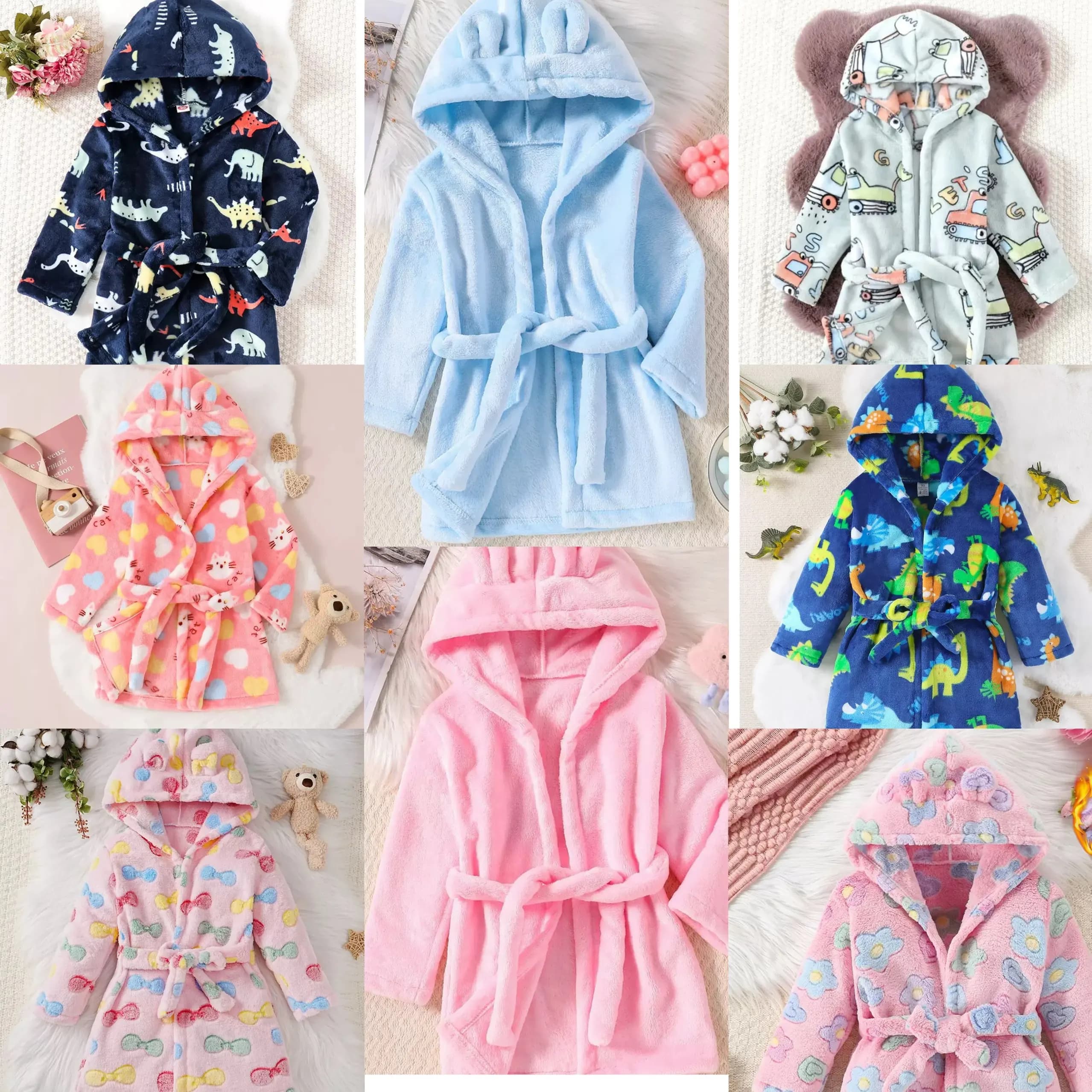 Children's fleece bathrobe, design with dinosaurs and bunnies, with hood, soft pajamas for children, cute nightwear