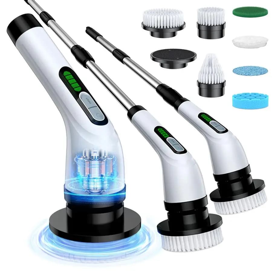 Rotating brush, powerful 2-speed cleaning brush, IPX7 waterproof with 7 reusable heads and extendable handle, for the bathroom.