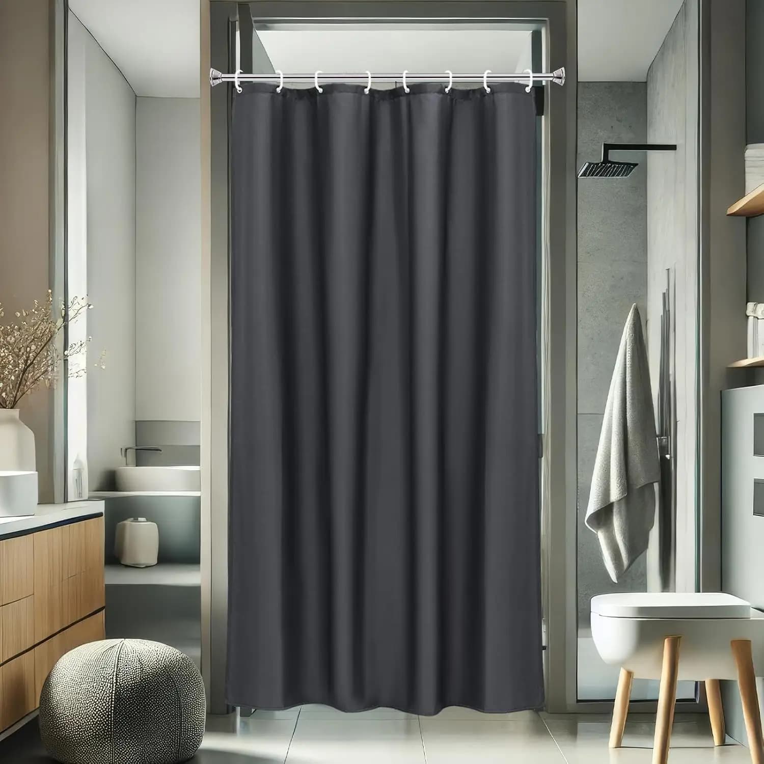Fabric Shower Curtain 71 Width x 77 Height Inch, Solid Color Bath Curtain with Hooks for Hotel, Water Repellent, Dark Grey