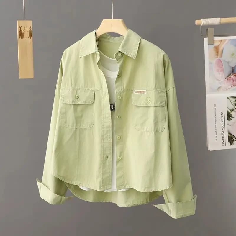 Spring New Arrival Loose Design Cotton Workwear Shirt Jacket Women Short Open Cardigan Top Korean Style Long Sleeve Collar