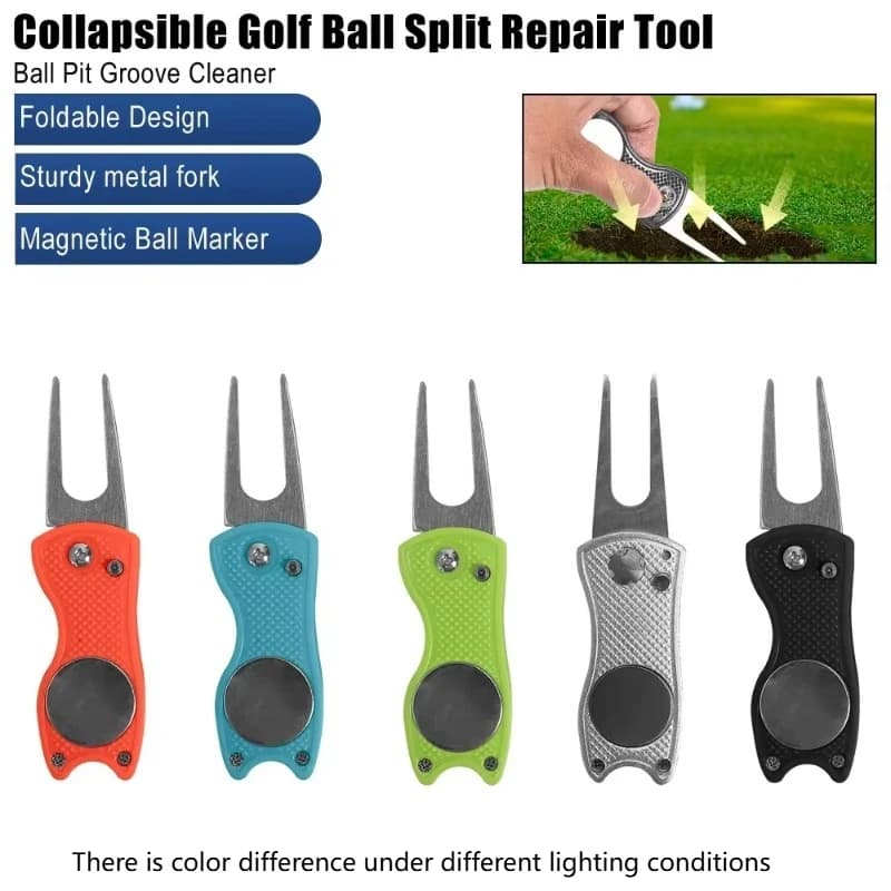 1PC with Magnetic Ball Marker and Pop-Up Button for Golf Green Fork Golf Tool Foldable Metal Golf Turf Repair Tool