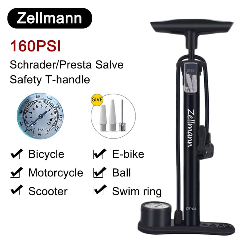 Zellmann 160 PSI Pompa d'aria per bicicletta Pompa d'aria portatile Pompe multifunzione ad alta pressione con barometro Gonfiatore per bici da strada MTB