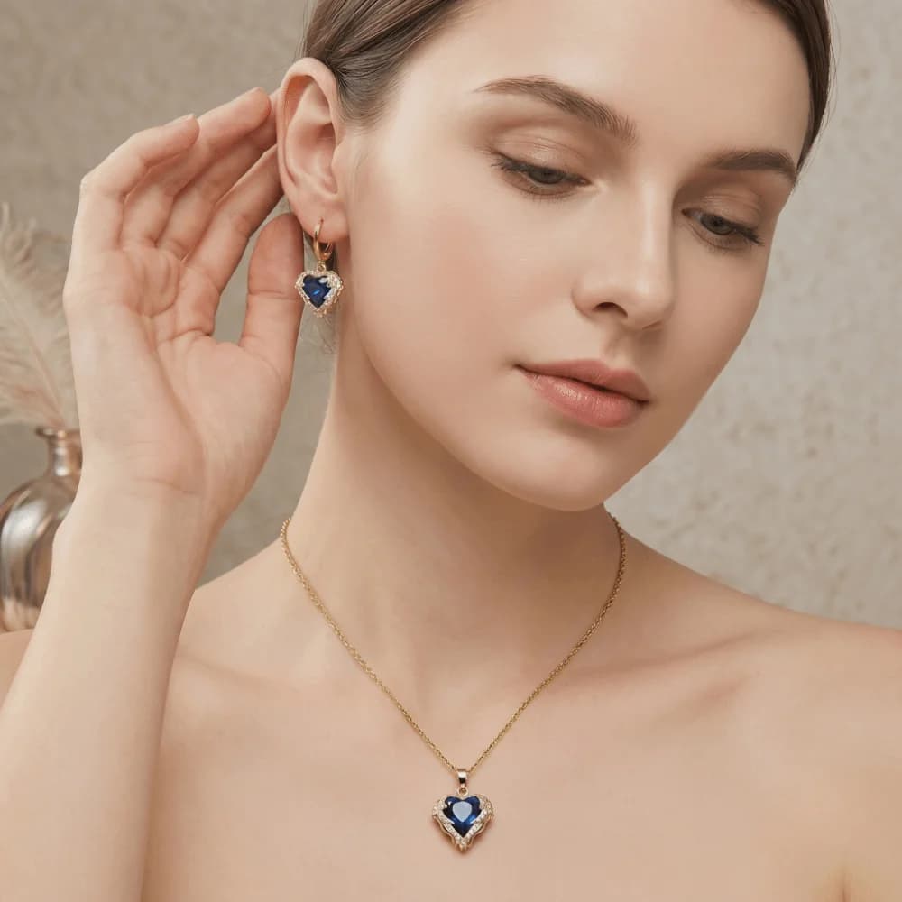 Elegant Ocean Heart Necklace Earrings Sparkling Multi-Color Colorful Crystal Jewelry Set Heart Shape Stainless Steel Chain