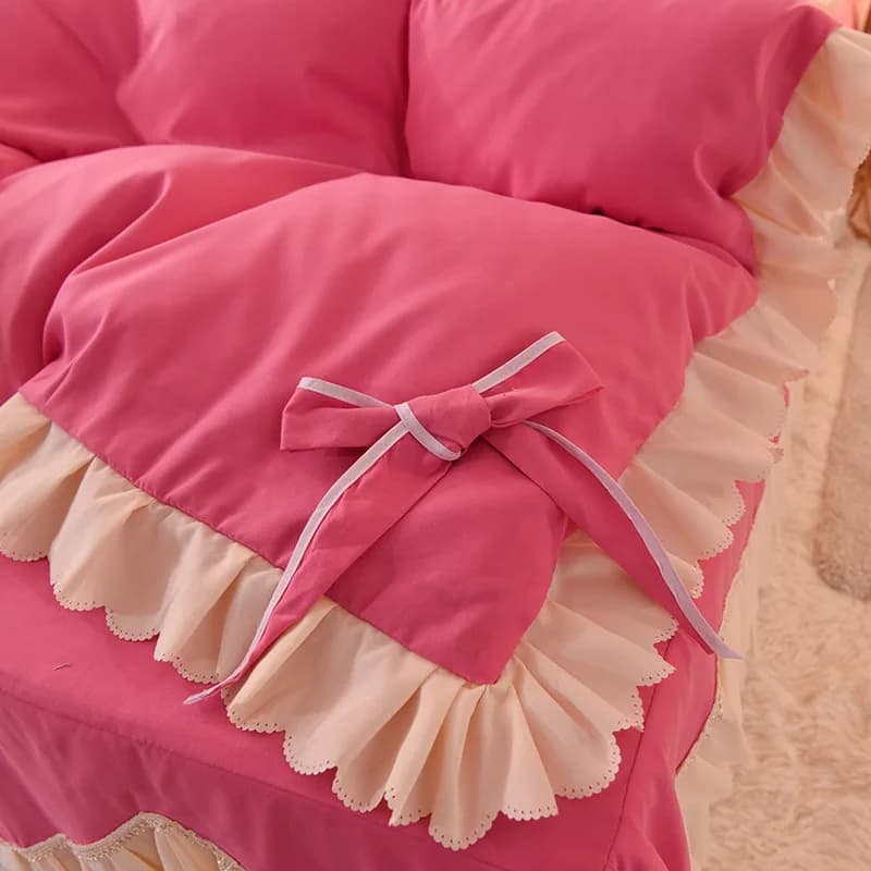 Set di Biancheria da Letto Stile Principessa Coreana, Copripiumino Morbido e Spesso, Lenzuolo, Gonna Letto e Federe con Fiocco Carino, Copertura Confortevole Rosa per Ragazze