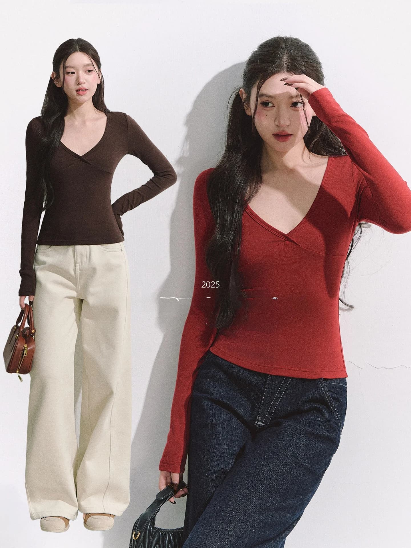 OIOI ESSE T-shirt da donna slim fit a maniche lunghe con scollo a V profondo, elastico, stile casual, moda primaverile, taglie forti