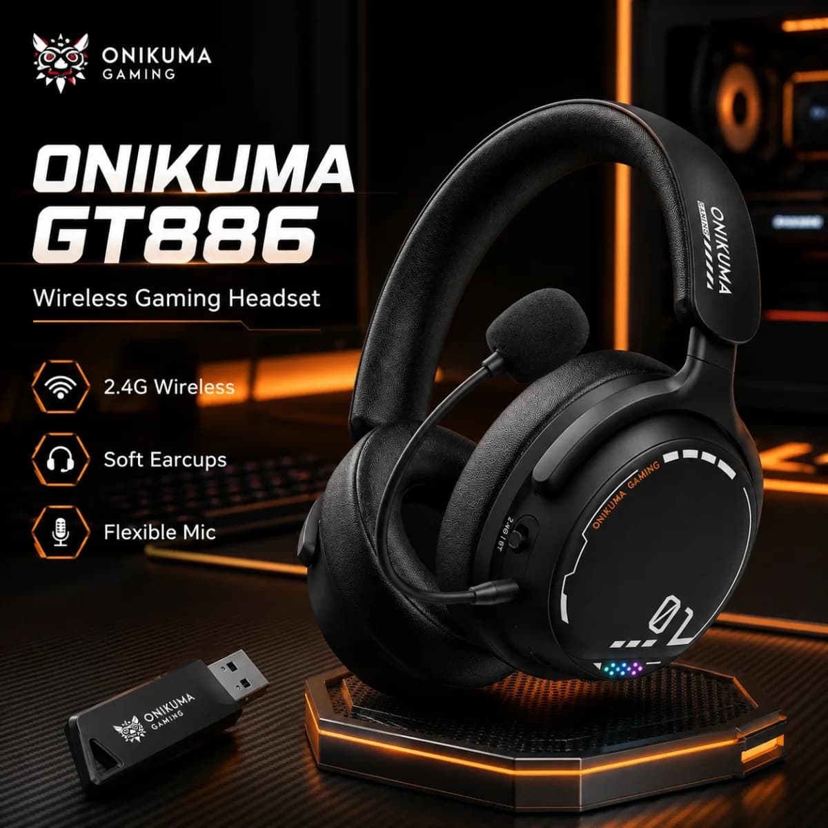 ONIKUMA GT886 Wireless Gaming Headset Tri Mode Bluetooth 5.3 2.4G Wired 30MS Low Latency 60H Battery Life Microphone For PC PS5