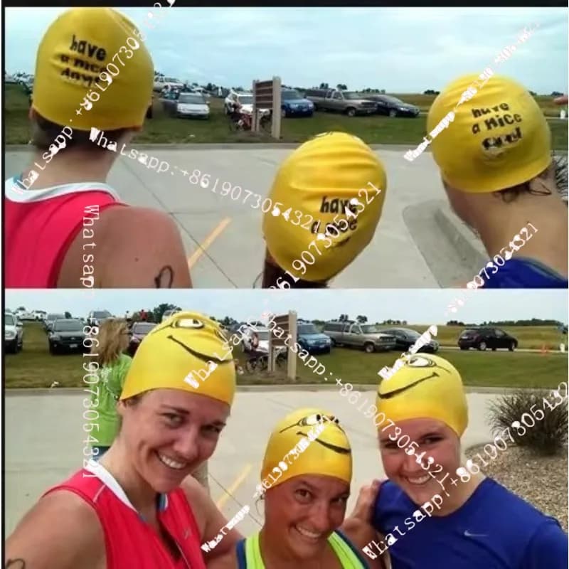 Fashionable competitive swim cap in soft silicone, cute yellow face, hypoallergenic and comfortable without pulling hair