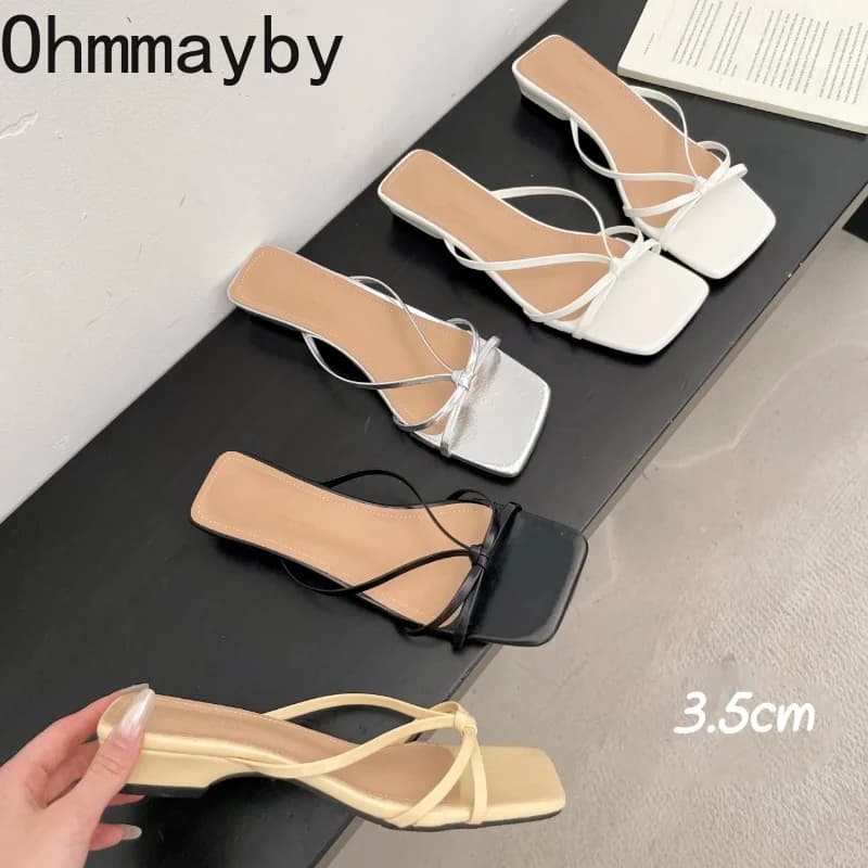 New Slip On Summer Women Slippers Fashion Cross Strap Square Toe Casual Shoes Outdoor Low Heel Beach Vacation Dress Slides