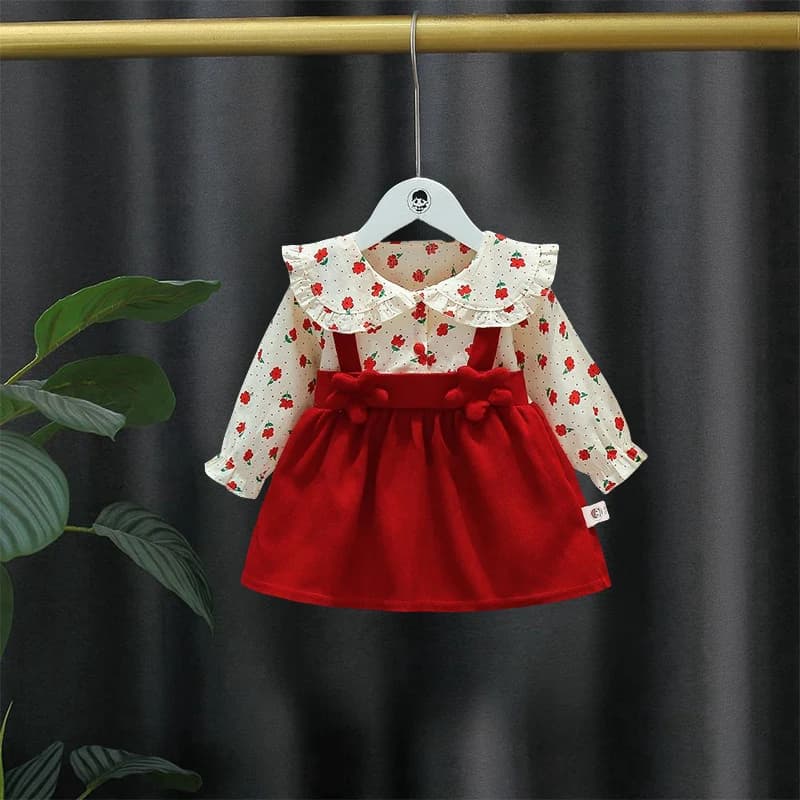 Abito a maniche lunghe con tracolla nuova per ragazze primaverili e autunnali, gonna per bambini dolce con colletto grande per bambina con fiori di giunzione 3D