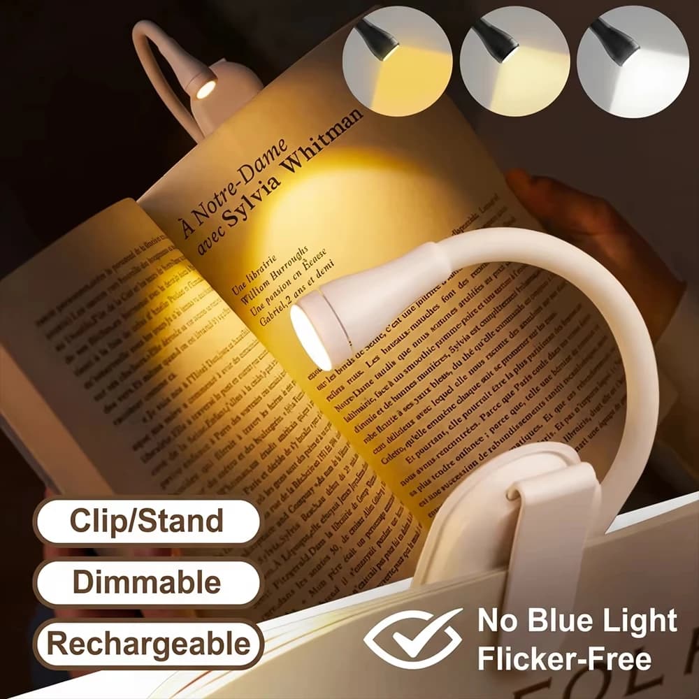 Luce da Lettura LED Ricaricabile USB, Mini Lampada da Libro con Clip per Letto, Lampada da Scrivania Dimmerabile a Regolazione Continua per Protezione degli Occhi, Luce Notturna per