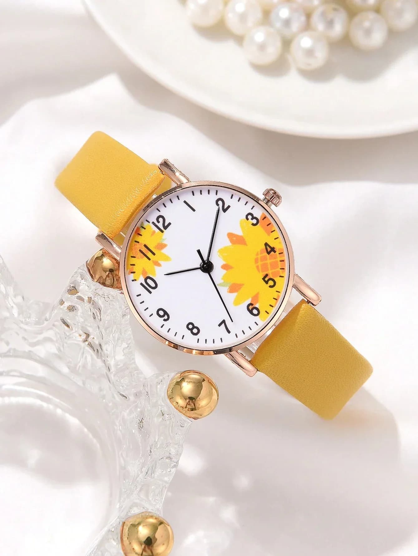Orologio al quarzo da donna con cinturino in PU giallo girasole e set di braccialetti con perline