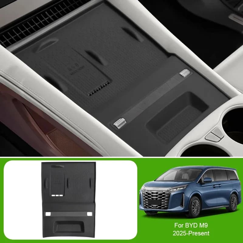 Per BYD M9 2025-Presente Auto Bracciolo Box di Stoccaggio Ricarica Senza Fili Pad Porta Organizzatore Sotto Centrol Vassoio di Controllo Portabicchieri di Acqua
